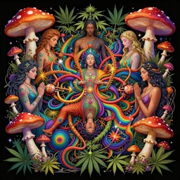 an expansive octane redshift rendering of beautiful and complex interwoven spiritual connection between all beings by dan mumford, by jim fitzpatrick, by joe wilson, by jim burns, by victo ngai, by jacek yerka, surrounded with colorful magic mushrooms and rainbowcolored marihuana leaves, insanely integrate, featured on deviant art, trending on artstation