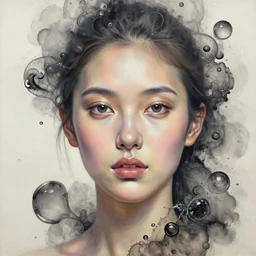an intricate oil painting of a beautifull woman portrait surounded by hiper detailed inkdrop in water, bumpy mottled skin, fluid acrilic art, by yoshitaka amano, by greg rutkowski, by alphonse mucha by jeremyg lipkinng, by artgerm, octane render,