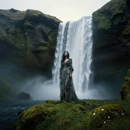 dark and moody photo by ansel adams and peder balke, a giant tall huge woman in an extremely long dress made out of waterfalls, standing inside a green mossy irish rocky scenic landscape, huge waterfall, volumetric lighting, backlit, atmospheric, fog, extremely windy, soft focus