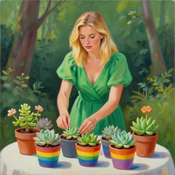 painting by Disse86 of a beautiful blonde woman with shoulder length hair in a forest green dress putting colorful succulents into rainbow pots at a square table