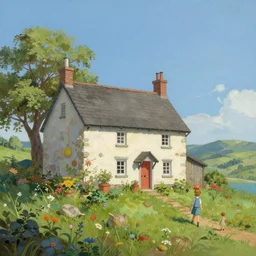 beautiful matte painting of a cottage on a hill whimsical by brian froud and bridget bate tichenor - h 7 6 8 - n 4