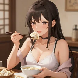 happy sexy anime girl eats dumplings, concept art, trending on artstation, highly detailed, intricate, sharp focus, digital art, 8 k
