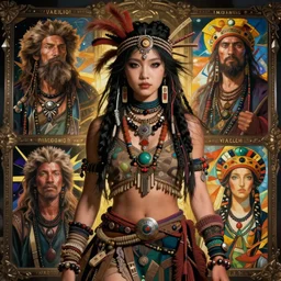 detailed ultrarealistic photography of cyberpunk rustic robust tribal hippie warrior japanese girl, brom, craig mullins, vallejo, moebius, ian miller, mucha cinematic, full shot