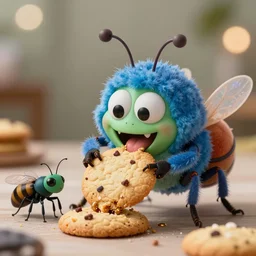 high quality presentation photo of colorful anthropomorphic horror alien monster insects eating cookies, photography 4k f1.8 anamorphic bokeh 4k Canon Nikon