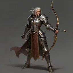 ultra realistic illustration, full body shot of old female knight with bow in heroic pose, rich contrast of colors, league of legends artwork