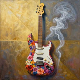 high intricate detailed abstract painting of a prs electric guitar made of colorful flowers and smoke, golden ratio, rule of thirds, majestic, elegant, by lea leonowicz, by maks trofimov, by jenny brozek, by johannes wessmark
