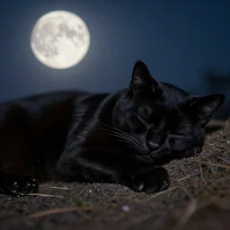of a black cat sleeping under the moonlight