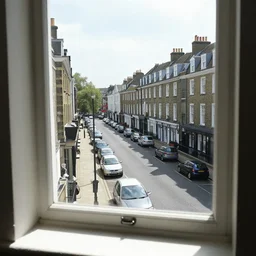 view of a british street from an upstairs window, sunny day, cars parked, 2006