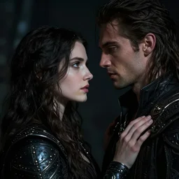 portrait of a beautiful long hair woman and handsome man looking to each other embracing, high detail, partially in shadow, dark fantasy, sci - fi vibe, face, by gaston bussiere, bayard wu, greg rutkowski, auguste bourotte, bastien deharme, masterpiece, sharp focus, cinematic lightning