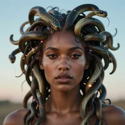 muted, african plains, a cyberpunk close up portrait of cyborg medusa, electricity, snakes in hair, sparks, bokeh, soft focus, skin tones, warm, sky blue, daylight, by paul lehr, jesper ejsing