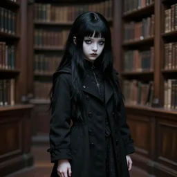 1 4 - year - old pale - skinned persian goth girl, black hair, long bob hair, black long coat, psychic girl, gloomy library, hogwarts library, ultra - realistic, sharp details, subsurface scattering, intricate details, cold lighting, highly detailed, photorealistic, octane render, 8 k unreal engine, art by artgerm