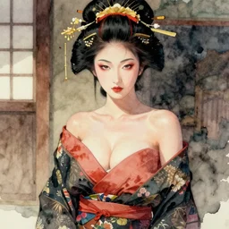 too sensual and very seductive geisha body, digital art, 8k, character, realistic, portrait, photorealism, japan watercolour, masterpiece art