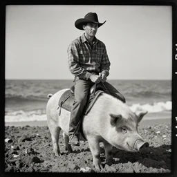 tintype photo, bottom of the ocean, cowboy riding pig