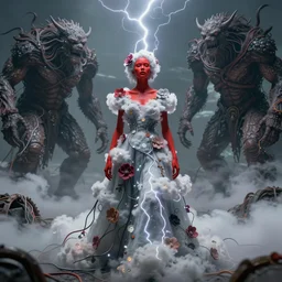 A woman wearing clothes made out of thunder clouds and flowers, giant monsters in the background, red skin, Masterpiece, glowing, wires everywhere, by Edgar Maxence and Ross Tran, Zdzisław Beksiński, and Michael Whelan, distant, gustav dore, H.R. Giger, 8k, octane render