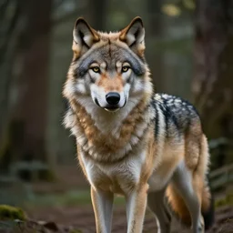 werecreature consisting of! human and wolf, profressional photograph captured in a forest