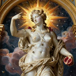 majestic baroque sistina saint Woman Venus godness Athena beautiful gracious pagans marble and gold in space stars clouds  suns greeks, coerent face and body, fruits, bioluminescent skin, bees, pomegranade