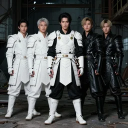 beautiful ulzzang with white ancestral ornate medieval tactical gear, black leather samurai garment, full shot fashion photography, dark abandoned cyberpunk factory, by irving penn and storm thorgerson, ren heng, peter elson,