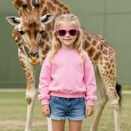 a little blonde girl with pigtails, wearing a pink sweatshirt, sunglasses, and jean shorts, standing with her giraffe, very detailed, annie leibovitz