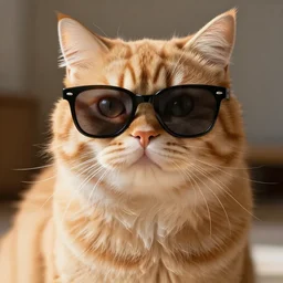 a very furry orange cat wearing shades, photorealistic