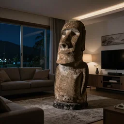 a moai in a dark living room at night