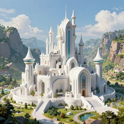 A beautiful futuristic castle in a valley, sci-fi brutalist architecture, white plastic, incredibly detailed matte painting, digital art, vibrant colors