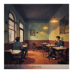 illustrated portrait of a victorian cafe interior, colorful, ( ( mads berg ) ), christopher balaskas, ( ( victo ngai ) ), rich grainy texture, detailed, dynamic composition, dramatic gradient lighting, wide angle, muted color, matte print, dark tint