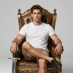modern self portrait of man sitting on throne, legs crossed, while holding a sword, white man, hispanic, brown hair, light skin, golden throne, red robes, 8 k, hi - rez, circles, lamented, clear, brown eyes, colored, sharp, illustrated by yoji shinkawa