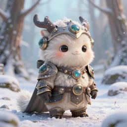 little cute fluffy armored forest creature, inspiring, adorable, anthro, guardian, dnd, woodland realm, fantasy armored attire!! strange fantasy equipment!! snow, winter, octane render, unreal engine 5, hyper realistic, 8 k