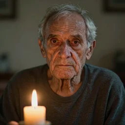 a close up portrait of one!! solitary old underweight man frozen, full colour, hyper realistic photo, candle light, shallow depth of field, upscale, 8 k, masterpiece,