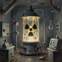 classic oil painting, a glowing radioactive vessel inside of an abandoned gray lab, as a dnd cover illustration, science equipment, ominous, concept art, extremely detailed, smooth, sharp focus, art by brothers hildebrandt