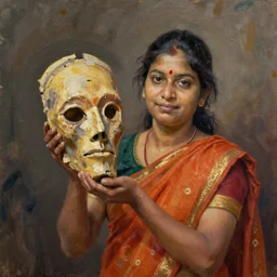 oil painting of an indian holding a shrunken head