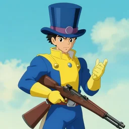 superhero with tophat and a rifle in blue and yellow clothes, digital art, trending on artstation, by studio ghibli