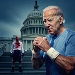 portrait photo of joe biden in a boxing match with a bloody mitch mcconnell on the steps to the capitol, dim studio lighting, ( ( photograph ) ), moody, realistic, detailed, low light, skin tinted a warm tone, light blue filter