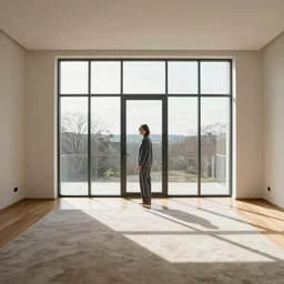 person in pyjamas standing near window, turned back to camera, cinematography, sun rays, daylight, big french door window, big spatious room, carpet at the floor, wide shot 2 4 mm, anamorphic shot lens, walls at left and right sides, window at the center, wooden floor, modern, winter sun, photorealistic, high ceiling