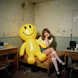 bored housewife meets a smiley inflatable toy in a seedy motel room, 1978 color Fellini film, ugly motel room with dirty walls and old furniture, archival footage, technicolor film, 16mm, live action, John Waters, campy and colorful