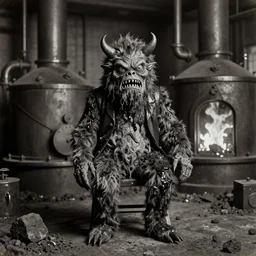 wet plate photograph portrait of nervous monster in victorian era boiler room, coal inferno