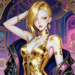 the portrait of an absurdly beautiful, graceful, elegant, sophisticated, fashionable cyberpunk gravure idol, an ultrafine hyperdetailed illustration by kim jung gi, irakli nadar, hong june hyung, intricate linework, bright colors, porcelain skin, gold plated, unreal engine 5 highly rendered, global illumination, radiant light, detailed and intricate environment