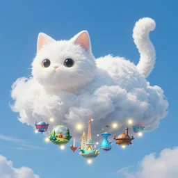 white cat - shaped cloud, blue sky, infographic with illustrations!!!, glowing lights, epic fantasy, colorfully, digital art, highly saturated colors, concept art, detailed illustration, hd, 4 k, digital art, greg rutkowski, dan mumford, studio ghibli trending on artstation
