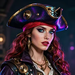 a head and shoulders portrait of a space pirate, neon, retro, steampunk, smooth, sharp focus, intricate, artstation, detailed concept art by Greg Rutkowski and Norman Rockwell