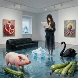 dripping, painting of a flooded modern art gallery and a tall emo girl holding sheet music, wasabi, art gallery interior, pig, courgette, waterfall, black lounge, sensual, organic, icebergs, pomegranates, octopus, zen, black swans, courgettes, berries, surrealist, by magritte and monet