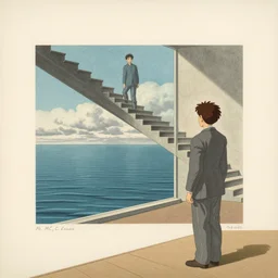 lithograph printed in 1956. It depicts a man in a art gallery viewing a print of a seascape. The man\'s reflection is seen in the print, and the reflection shows the man walking down a staircase. The staircases in the print appear to be infinite, By M. C. Escher, colorized by Hayao Miyazaki