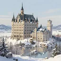 wide angle view, a beautiful digital painting of an elaborate fairy chateau made of rock and snow and windows, snowy mountain valley, snow, sunny day, muted colors, reflections, by greg rutkowski, gerald brom, marc simonetti, jean - baptiste monge, and brian froud, symmetry, complementary colors, ink illustration, trending on artstation