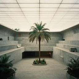 noisy color photograph of a large liminal underground garden, sky made of ceiling panels, retrofuturism, staggered terraces, centered palm tree growing out of concrete, hidden area, unknown space, minimalist,  cinematic, soft vintage glow