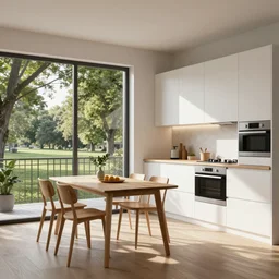 a render of a kitchen with white appliances, wooden small dinning table, view to the park, balcony, scandinavian style, vray render, octane, photorealistic