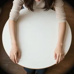 close up fisheye photo of woman sitting at the table, overhead photo