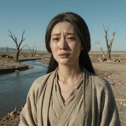 medium close-up of a nondescript crying ancient dried up Danu, peaceful, facing the camera and standing in front of a dried up river in a desolate land, dead trees, blue sky, hot and sunny, highly-detailed, elegant, dramatic lighting, artstation, 4k, cinematic landscape, photograph by Elisabeth Gadd, Zdzislaw Beksinski