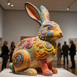 stunning colorful intriguing polished painted massive clay sculpture of a mythic rabbit animal by beth cavener in a museum. painted color gradient fading. sub scattering. eyes specular highlight. with help of ellen jewett, beth cavener, sayaka ganz, edouard martinet, john o'reilly and judith klausner. promotional picture