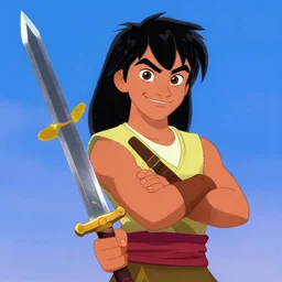 portrait of teenage conan the barbarian, smiling. arrogant. great sword with golden pommel. animated feature. 3 d pixar and disney!! in the style of disney pixar, moana, brave, the good dinosaur.
