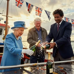 queen elizabeth peter beardsley and a fishman official launch of a fishing boat champagne bottle smashed union jack flags kodachrome washed out color