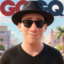 pixar movie still close - up portrait photo of bald white young man wearing a black v - neck shirt, black ray - bans, black fedora, large nose : : sf, facing the camera : : by greg rutkowski, wlop, rossdraws, artgerm, weta, marvel, unreal engine, bright morning, gq magazine cover : :